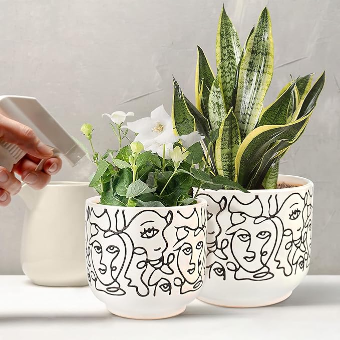 Docrin Plant Pots Indoor with Drainage : 6.6+5.4 Inch Ceramic Flower Pots for Plants - Set of 2 Modern Decorative Face Planters for House/Office/Gift - /Black and White