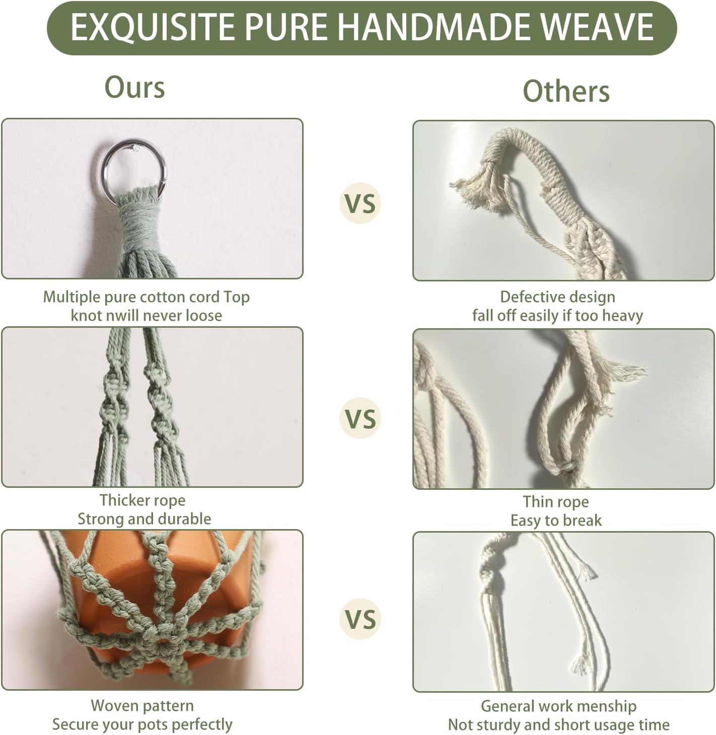 Artilady Macrame Hanging Planter for Indoor Plants, Boho Woven Plant Hanger Large Hanging Flower Pot Holders Outdoor Baskets Storage No Tassels Sage Green Wall Decor