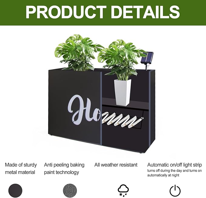 Metal LED Planter Box Rectangular Block - Galvanized Steel Long Planters Box with Solar Light Outdoor All-Weather Use with Drainage Holes for Cafe Bar Mall Patio/Porch/Entrance, 35.5×24×12IN(Home)
