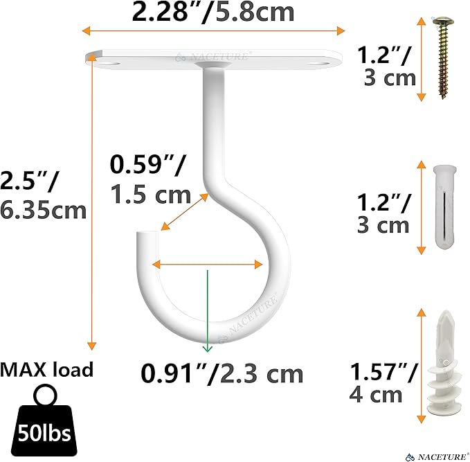NACETURE Ceiling Hooks Heavy Duty 2 Pack - Plant Hooks for Ceiling Hanging Hook for Hanging Basket Hook, Light, Bird Feeders, Wind Chimes Décor Indoor & Outdoor (2.5" White 2 Pack)