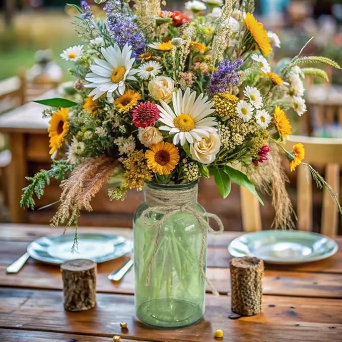 Vintage Glass Flower Vase,6 Pack Green Farmhouse Glass Centerpiece Vases Mason Jars for Weddings, Parties & Home Decor Bulk (6,Green)