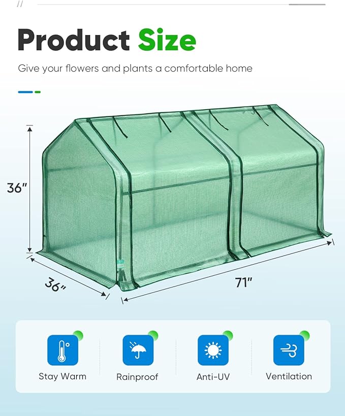 Quictent Portable Mini Cloche Greenhouse w/ Elevated Bottom, Roll-up Zippered Window Waterproof UV-Resistant Hot House for Indoor Outdoor Gaden, Plus 50 T-Shaped Plant Tag, 71" x 36" x 36" (Green)