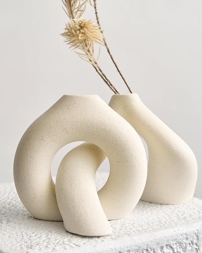 NOBULA White Ceramic Donut Vases โ Modern Home Decor for Living Room, Bedroom & Table Centerpiece - Minimalist Nordic โ Unique Vases for Olive Plant & Flowers โ Decorative Coffee Table Vase Set of 2