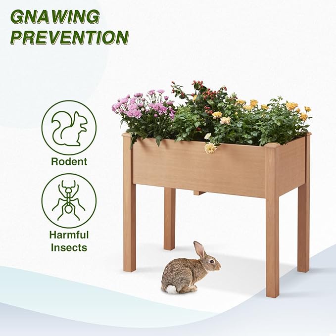 Psilvam Raised Garden Bed with Legs, Poly Lumber Raised Planter Box, Outdoor Elevated Garden Bed Suit for Backyard, Patio, Balcony 34" D x 18" W x 30" H(Teak Color)