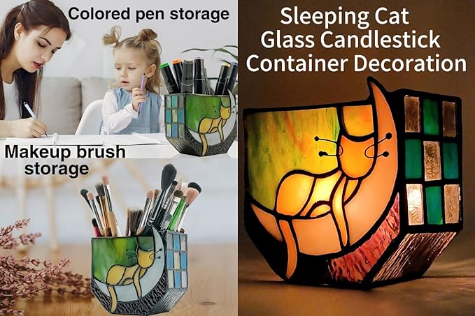 Tiffany Stained Glass Fun Moon Sleeping Cat Planter,Orange Sleeping Cat Cactus Planter,Cute Planters for Indoor Plants,Decorative Flower Pots As Gifts for Cat Lovers,4.6x3x5.15 in