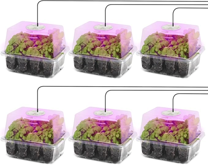 MIXC 6-Pack Seed Starter Tray with Plant Light,Seedling Trays with Adjustable Humidity Domes & Clear Cell Trays 12 Full Spectrum LED Beads for Indoor Plant Growth(Transparent)