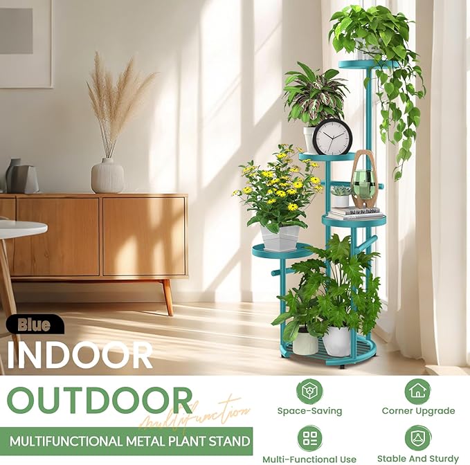 TOSKING 5 Tier Metal Plant Stand Indoor, Plant Shelf, Corner Shelf Flower Pot Stand for Outdoor Plant Stand for Living Room Balcony Garden Patio Bedroom (Blue, 38in)