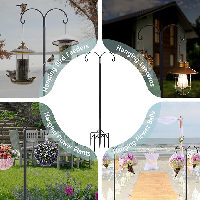 Bird Feeder Pole, Double Shepherds Hooks for Outdoor, 5 Base Prongs Adjustable Stand for Hanging Heavy Duty Feeders, Plant Baskets, Garden Plant Hanger Stands (78Inch, 2 Pack)