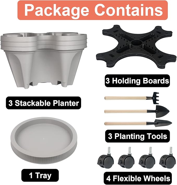 Vertical Planter 3 Tier Stackable Planters Garden Planters Strawberry Herb Flower and Vegetable Planter Indoor Outdoor Gardening Pots with Removable Wheels and Tools 2-Pack