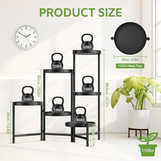 iDavosic.ly 6 Tier Large Plant Stand Indoor with 10 Inch Wide Tray, Tiered Corner Metal Outdoor Flower Display Holder Shelf, Folding Tall Rack for Patio Porch Living Room, Modern Black