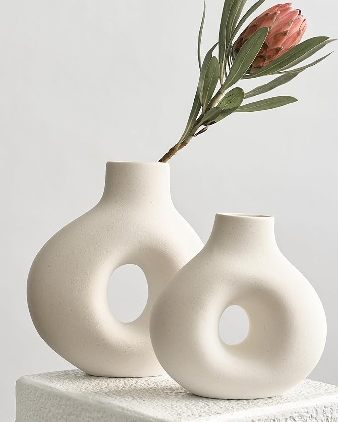 NOBULA White Ceramic Donut Vases โ Modern Home Decor for Living Room, Bedroom & Table Centerpiece - Minimalist Nordic โ Unique Vases for Olive Plant & Flowers โ Decorative Coffee Table Vase Set of 2