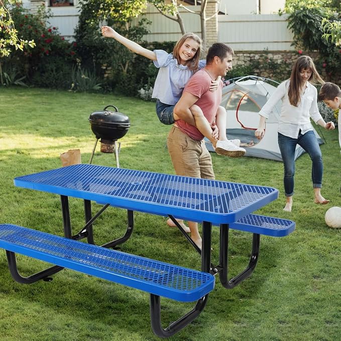6 ft. Rectangular Outdoor Steel Picnic Table with Umbrella Pole, Heavy-Duty Weather-Resistant Dining Table for Patio, Backyard, and Garden, Rust-Resistant Finish, Blue