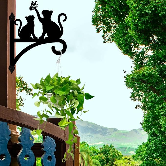 Peacoblue Iron Plant Hangers Hooks for Outdoor Indoor Hanging Plants Fern Pots, Lantern, Bird Feeder, Wind Chimes, 12βx14β Cat Weather Resistant Metal Wall Brackets Holder for Porch, Garden, Home(Cat)