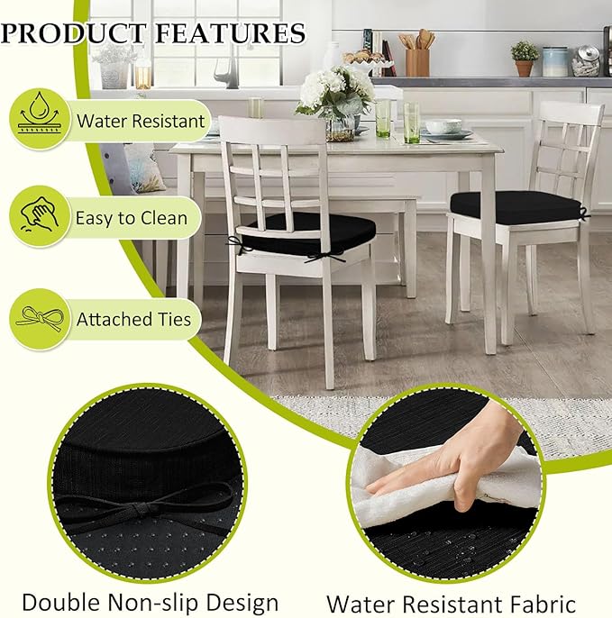 Chair Cushions for Dining Chairs, Indoor Chair Cushions with Ties,Waterproof Chair Pads Set of 4, Black, 17x16x2.5 Inch