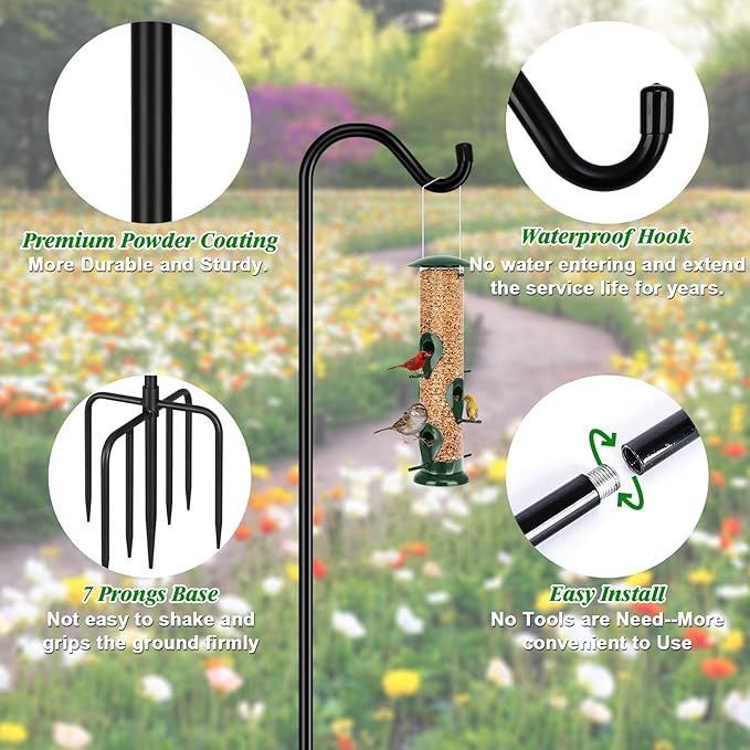 FEED GARDEN 92 Inch Adjustable Outdoor Shepherds Hook Bird Feeder Pole with 7 Prongs Base, Premium Steel Heavy Duty Tall Shepards Hooks for Hanging Bird Feeders, Plant Basket, Lanterns, 1 Pack