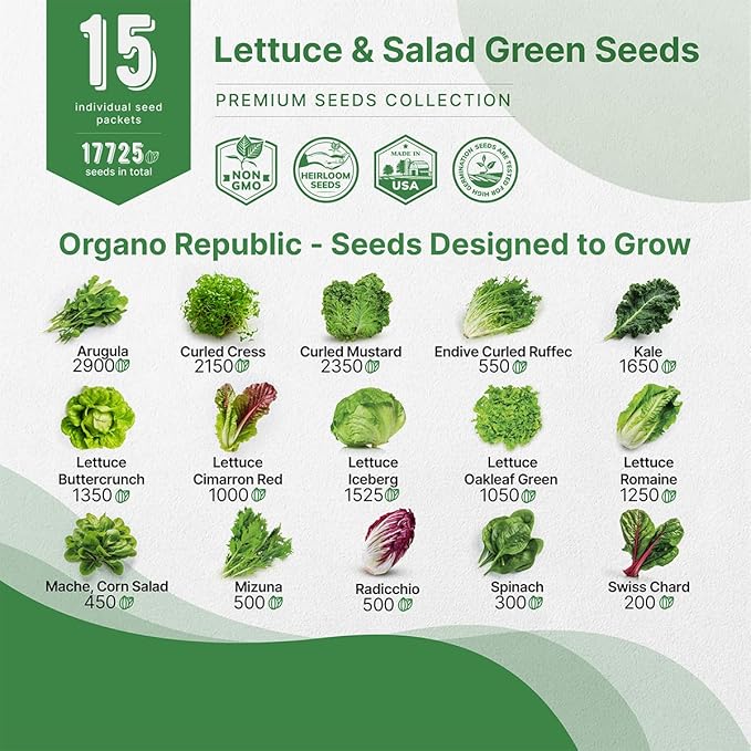 Organo Republic 15 Lettuce & Salad Greens Seeds Variety Pack 17700+ Non-GMO Heirloom Lettuce Seeds for Indoors & Outdoors Garden, Hydroponics, Aerogarden - Arugula, Kale, Spinach, Swiss Chard, Lettuce