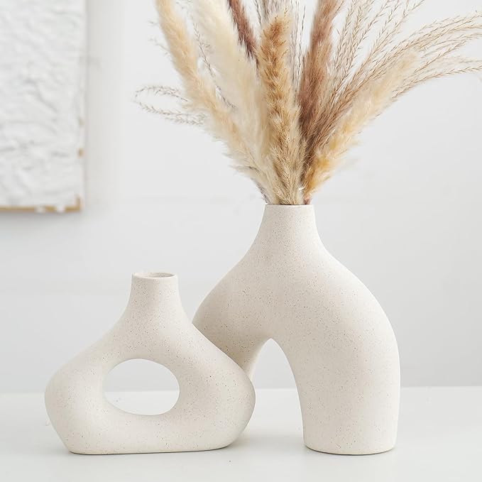 CEMABT Beige Ceramic Vase Set of 2 for Modern Minimalist Bohemian Decor,Round Matte Donut Vases for Pampas Grass-Perfect for Living Room, Dining Table, Office Bedroom Shelf Decor Entryway, Console…