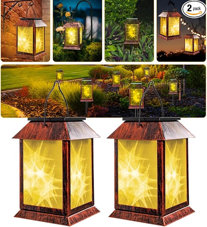 Solar Lanterns Outdoor Waterproof Upgraded Flashing Mode Solar Lantern Outdoor Lights Vintage Medieval Decor 3D Starry Hanging Outdoor Lanterns Lights Stake Lights for Yard Garden Decor(2PCS)
