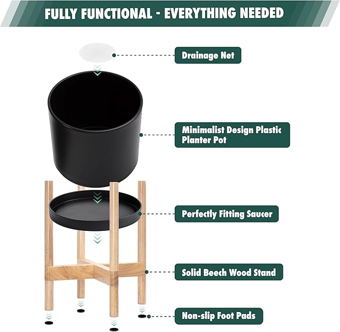 D'vine Dev Planter Pot with Stand - 12 Inch Plastic Cylinder Flower Pot with Wood Planter Holder for Indoor, Matte Black Pot + Natural Stand, 55-C-P-2