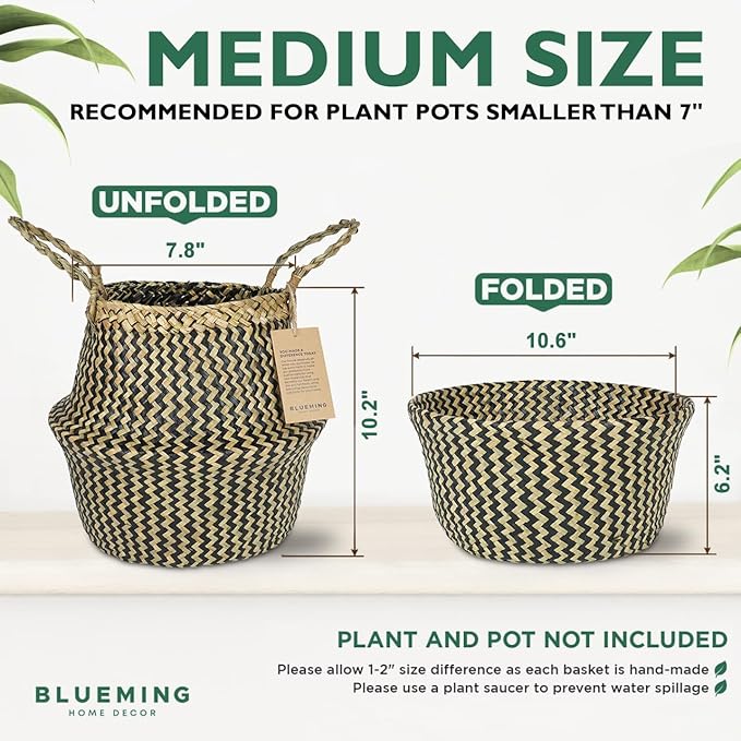 Olive Tree Basket β Small Seagrass Plant Pot for Tall Indoor Artificial Trees, Woven Planter 8-9 Inches, Wicker Baskets for Decorative Storage (Black, Medium)