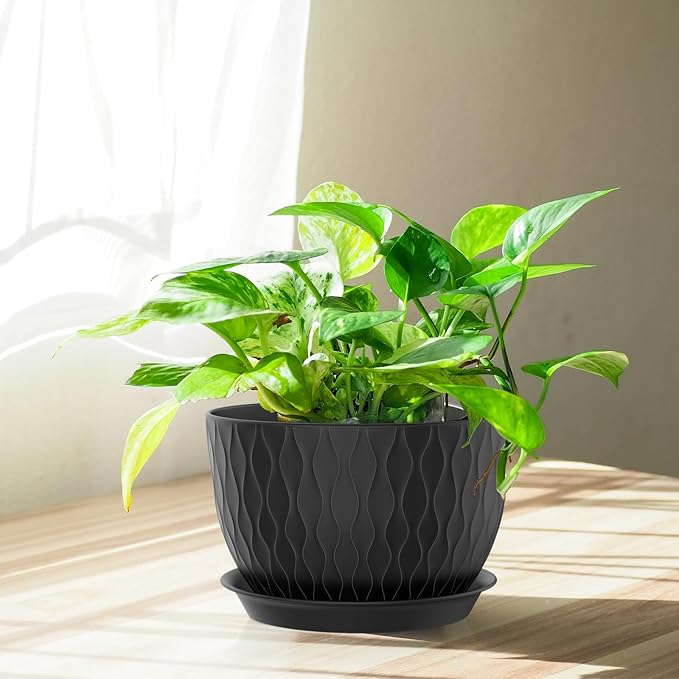 Plant Pots 12/10/9 Inch Pots, Set of 3 Plastic Planters with Drainage Holes and Saucers,Plastic Flower Pots,Nursery Planting Pot for Indoor Out Door Plants(Black)