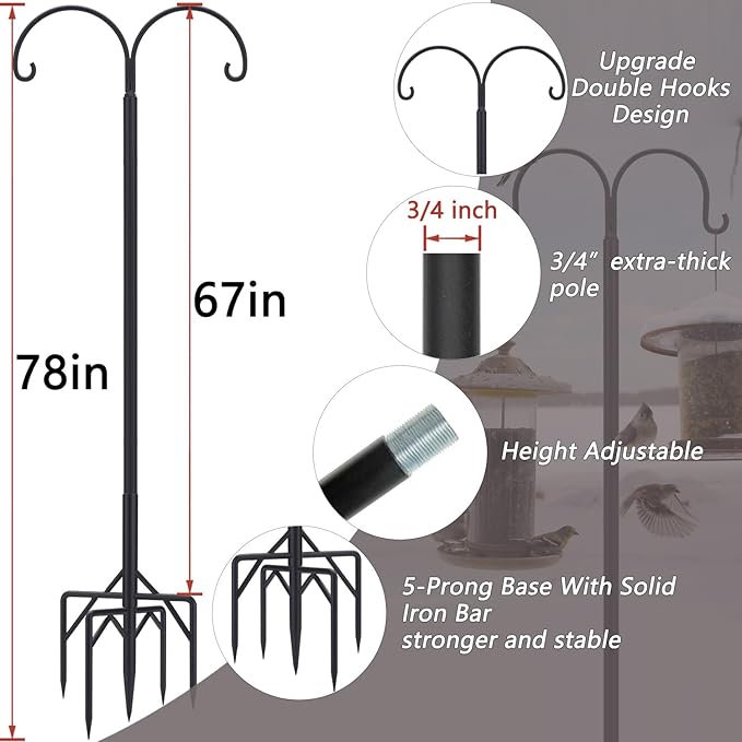 Bird Feeder Pole, Double Shepherds Hooks for Outdoor, 5 Base Prongs Adjustable Stand for Hanging Heavy Duty Feeders, Plant Baskets, Garden Plant Hanger Stands (78Inch, 2 Pack)