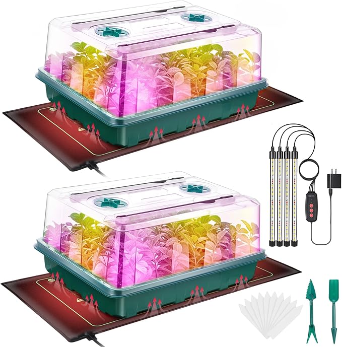Seed Starter Tray, Seed Starter Kit with Grow Lights and Heat Mat, 96-Cell Seed Growing Tray, Seed Starting Trays Plant Starter Kit and Base, Indoor Gardening Plant Germination Trays (2)