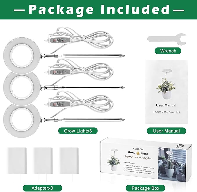 LORDEM Grow Light, Full Spectrum LED Plant Light for Indoor Plants, Height Adjustable Growing Lamp with Auto On/Off Timer 4/8/12H, 4 Dimmable Brightness, Ideal for Small Plants, 3 Packs