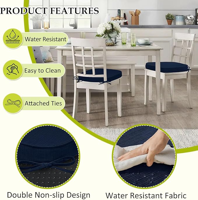 Chair Cushions for Dining Chairs, Indoor Chair Cushions with Ties,Waterproof Chair Pads Set of 4, Navy Blue, 17x16x2.5 Inch