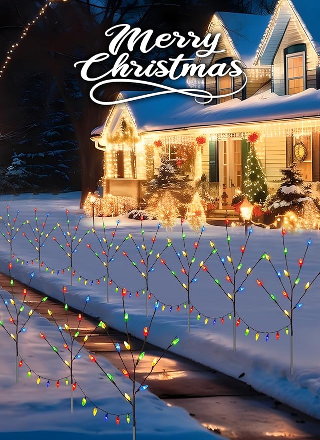 Brightown Christmas Pathway Lights Outdoor, 4 Packs Lighted Branch Lights Plug in, C6 Driveway Christmas Lights, Outdoor Christmas Stems Outdoor Decorations Yard, Multicolor