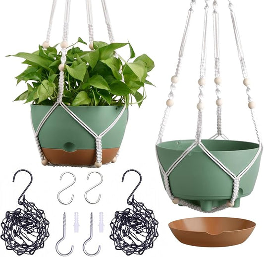 Set of 2-8 Inch Hanging Planters for Indoor Plants with Self-Watering Includes Hanging Pots for Plants, Outdoor Hanging Plant Pot with Drainage, and 2 Types of Hanging Baskets Hangers (Green)