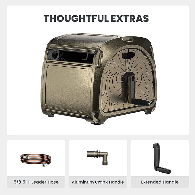 Giraffe Tools SW5 Metal Hose Reel Box, Heavy Duty Garden Hose Storage Reel Hideaway, Crank Handle, 150ft 5/8" Hose Capacity, Green