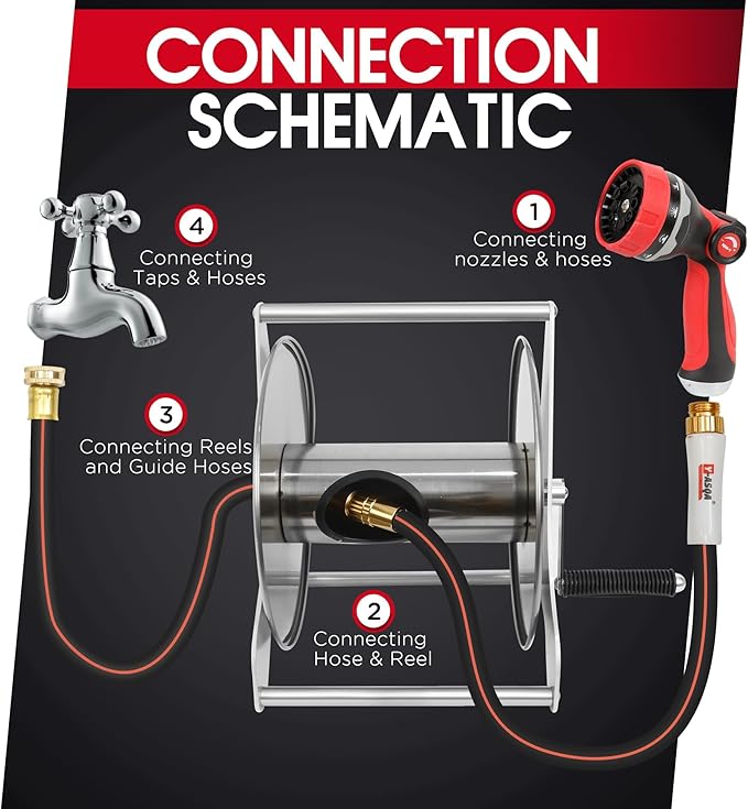 Stainless Steel Garden Hose Reel, Wall Mount or Floor Mounted with 3/4 Inch Brass Fittings Lead hose, 135 Ft Capacity with Crank Handle & portable hose reels for outside