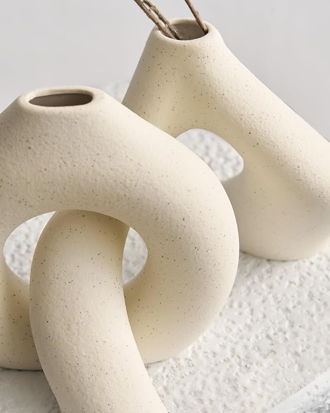 NOBULA White Ceramic Donut Vases โ Modern Home Decor for Living Room, Bedroom & Table Centerpiece - Minimalist Nordic โ Unique Vases for Olive Plant & Flowers โ Decorative Coffee Table Vase Set of 2