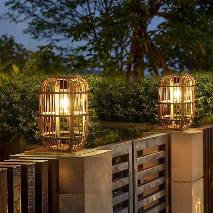 Solar Lantern Outdoor Waterproof, Large Rattan Solar Lantern Outdoor Hanging with Handle, Natural Bamboo Solar Outdoor Lights with Edison Bulb for Garden Patio Yard Tabletop Decoration