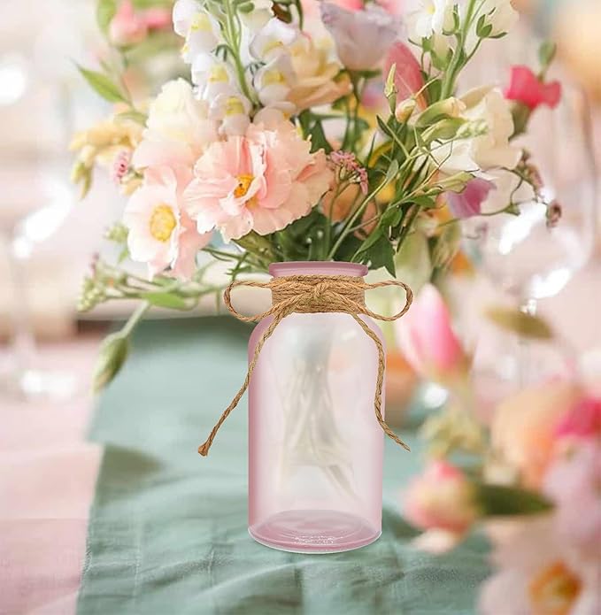 Vintage Glass Flower Vase,6 Pack Pink Farmhouse Glass Centerpiece Vases Mason Jars for Weddings, Parties & Home Decor Bulk (6, Pink)