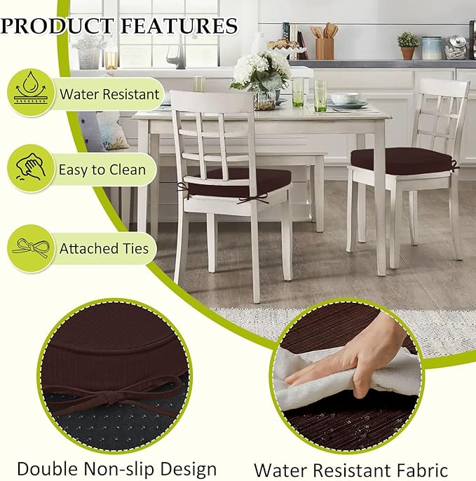 Chair Cushions for Dining Chairs, Indoor Chair Cushions with Ties,Waterproof Chair Pads Set of 4, Brown, 17x16x2.5 Inch