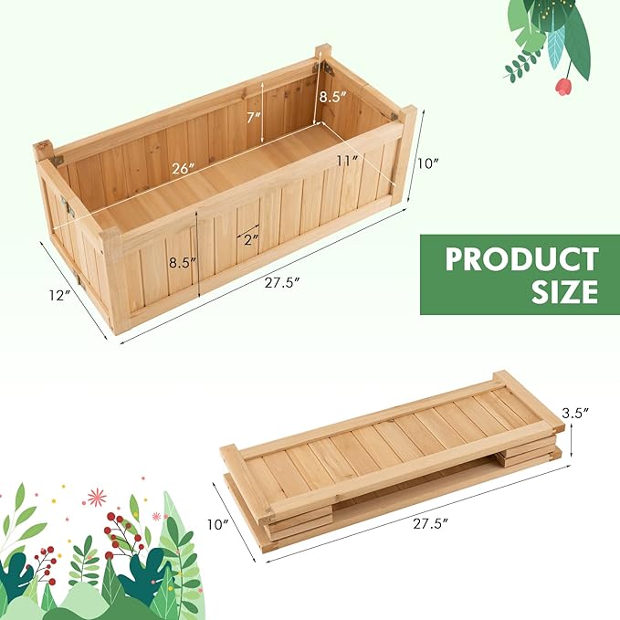 S AFSTAR Outdoor Wooden Planter Box, Folding Raised Garden Bed W/Drainage Hole, Patio Rectangle Plant Container for Flowers Vegetables Fruits Herbs, Collapsible Planting Box for Yard
