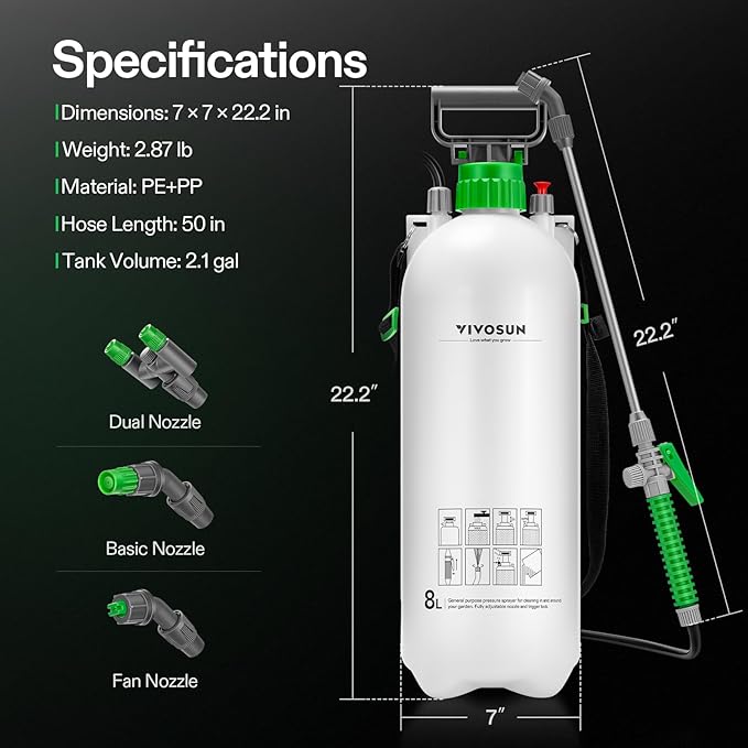 VIVOSUN Pump Sprayer 2.1 Gallon, Portable Water Spray Bottle in Lawn and Garden Yard, Weed Sprayer for Plants with 3 Nozzles, Adjustable Shoulder Strap, Pressure Relief Valve