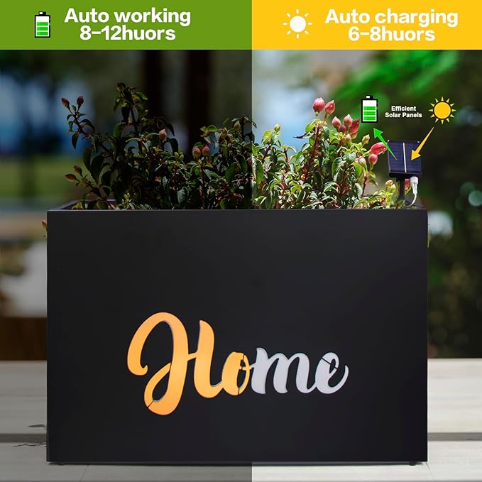 Metal LED Planter Box Rectangular Block - Galvanized Steel Long Planters Box with Solar Light Outdoor All-Weather Use with Drainage Holes for Cafe Bar Mall Patio/Porch/Entrance, 35.5×24×12IN(Home)