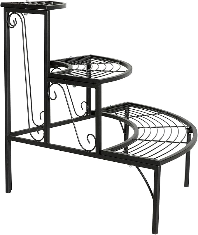 DOEWORKS 3 Tier Plant Stand Flower Pot Rack, Quarter Round Plant Corner Shelf Planters Display Holder orchid shelves for Indoor Outdoor Use, Black