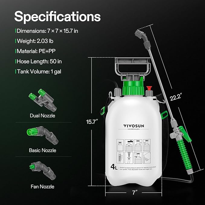 VIVOSUN Pump Sprayer 1 Gallon, Portable Water Spray Bottle in Lawn and Garden Yard, Weed Sprayer for Plants with 3 Nozzles, Adjustable Shoulder Strap, Pressure Relief Valve