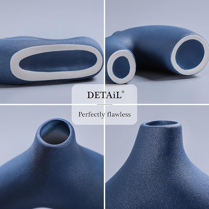 CEMABT Blue Ceramic Vase Set of 2 for Modern Minimalist Bohemian Decor,Round Matte Donut Vases for Pampas Grass-Perfect for Living Room, Dining Table, Office Bedroom Shelf Decor Entryway, Console