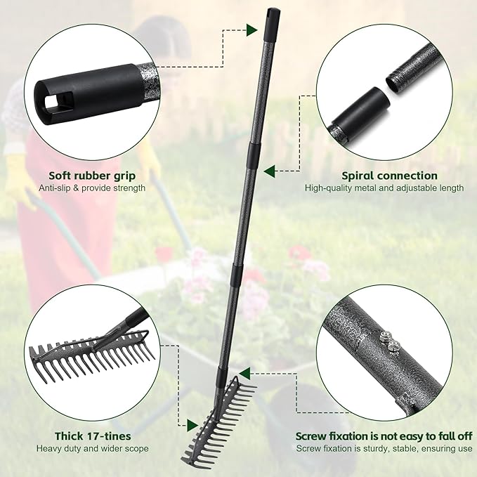 63'' Bow Rake ,17 Tines Metal Head Rakes with Stainless Steel Handle,Heavy Duty Garden Rake for Loosening Soil Gathering Leaf Leveling Lawn Farming Land Management Yarn Thatch Rake