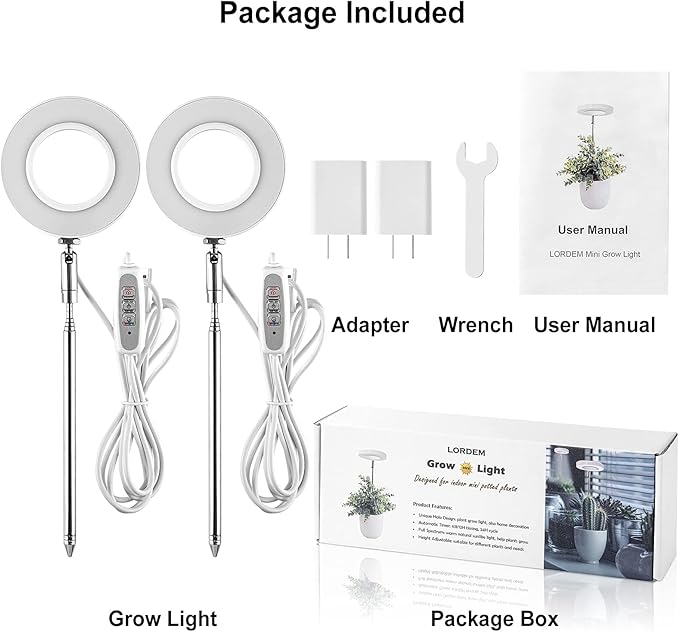 LORDEM Grow Light, Full Spectrum LED Plant Light for Indoor Plants, Height Adjustable Growing Lamp with Auto On/Off Timer 4/8/12H, 4 Dimmable Brightness, Ideal for Small Plants, 2 Packs