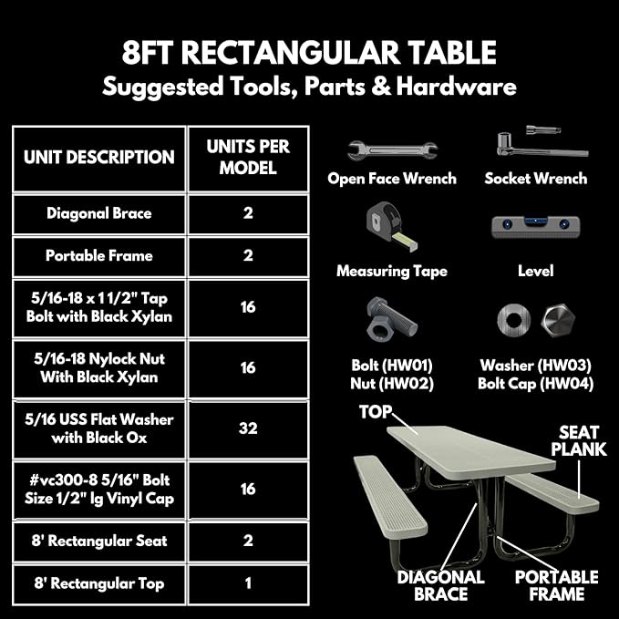 Heavy-Duty Portable Outdoor Picnic Table, Thermoplastic Coated Expanded Metal Commercial-Grade Patio Dining Furniture Made in America (8ft Rectangular, Black)