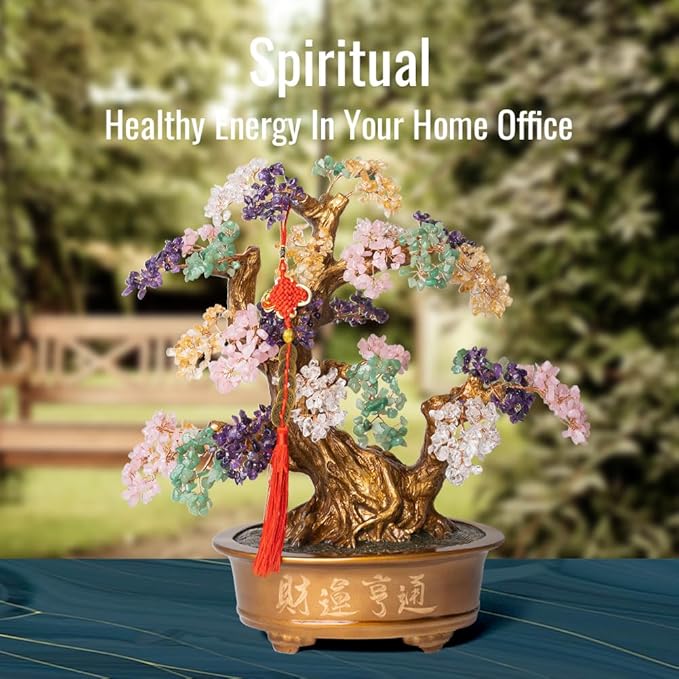 Natural Chakra Gemstone Crystal Bonsai Tree of Life(1,350 Gemstone Count) Large Feng Shui Money Tree for Luck and Wealth Desk Decoration 20 Inches