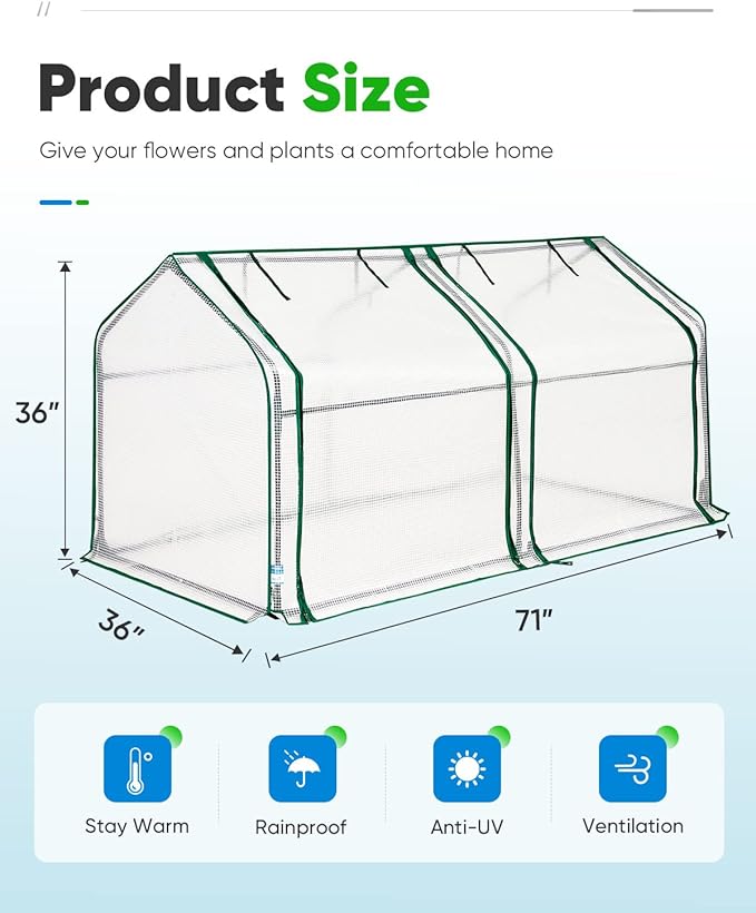 Quictent Portable Mini Cloche Greenhouse w/ Elevated Bottom, Roll-up Zippered Window Waterproof UV-Resistant Hot House for Indoor Outdoor Gaden, 71" x 36" x 36", White