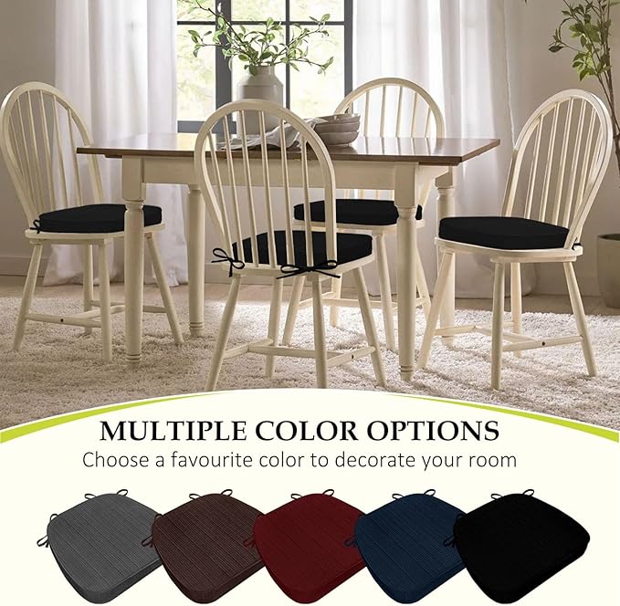 Chair Cushions for Dining Chairs, Indoor Chair Cushions with Ties,Waterproof Chair Pads Set of 4, Black, 17x16x2.5 Inch