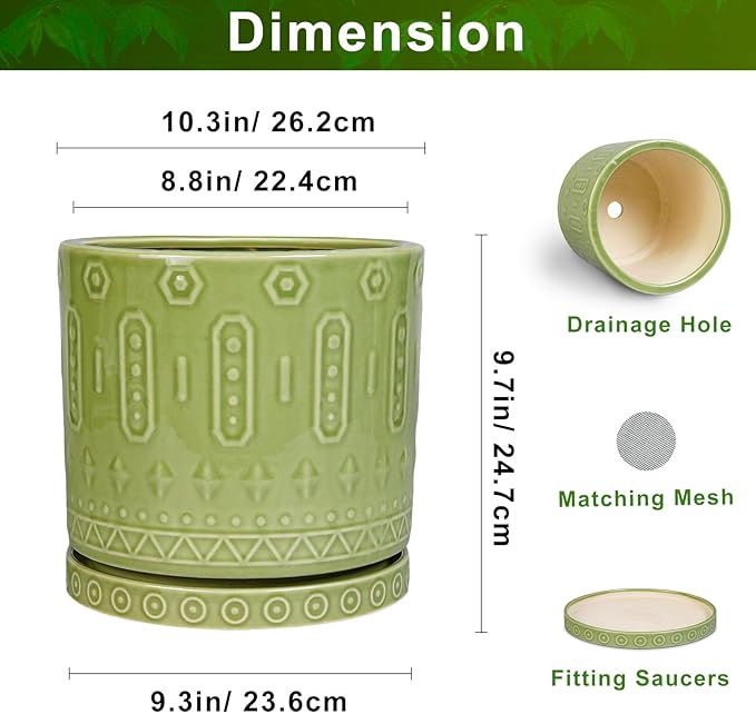 Ceramic Pot for Plants - 10 Inch Indoor Plant Pots with Drainage Holes and Saucer, Boho Round Planter Outdoor, Decorative Large Planter for Flower, Living Room Decor, Garden Gifts, Green